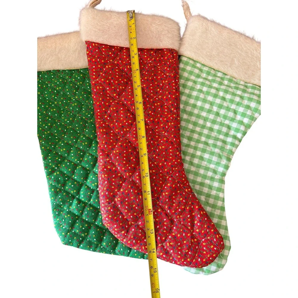 Vintage Quilted Christmas Stockings Set of 3 Faux Fur Trim Crochet Minis Holiday